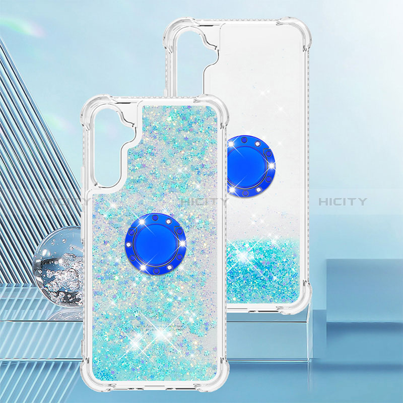 Coque Silicone Housse Etui Gel Bling-Bling avec Support Bague Anneau YB1 pour Samsung Galaxy A34 5G Bleu Ciel Plus