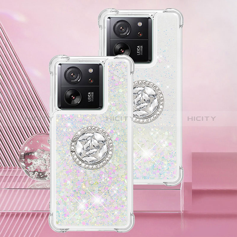 Coque Silicone Housse Etui Gel Bling-Bling avec Support Bague Anneau YB1 pour Xiaomi Mi 13T Pro 5G Argent Plus