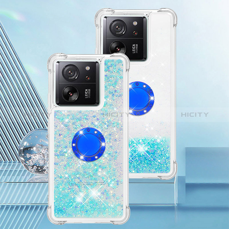 Coque Silicone Housse Etui Gel Bling-Bling avec Support Bague Anneau YB1 pour Xiaomi Mi 13T Pro 5G Bleu Ciel Plus