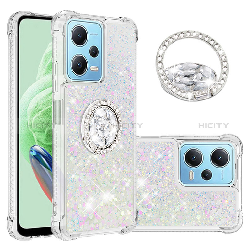 Coque Silicone Housse Etui Gel Bling-Bling avec Support Bague Anneau YB1 pour Xiaomi Redmi Note 12 5G Argent Plus