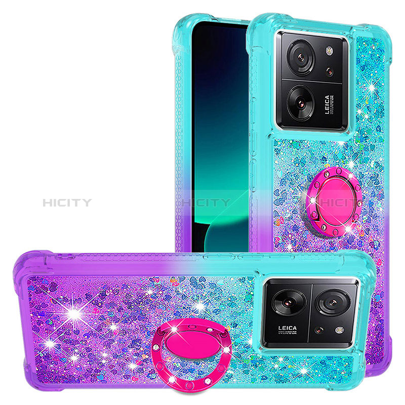 Coque Silicone Housse Etui Gel Bling-Bling avec Support Bague Anneau YB2 pour Xiaomi Mi 13T Pro 5G Bleu Ciel Plus