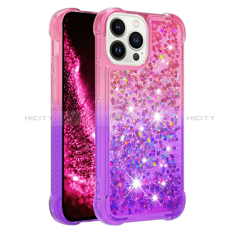 Coque Silicone Housse Etui Gel Bling-Bling S02 pour Apple iPhone 14 Pro Max Rose Rouge Plus