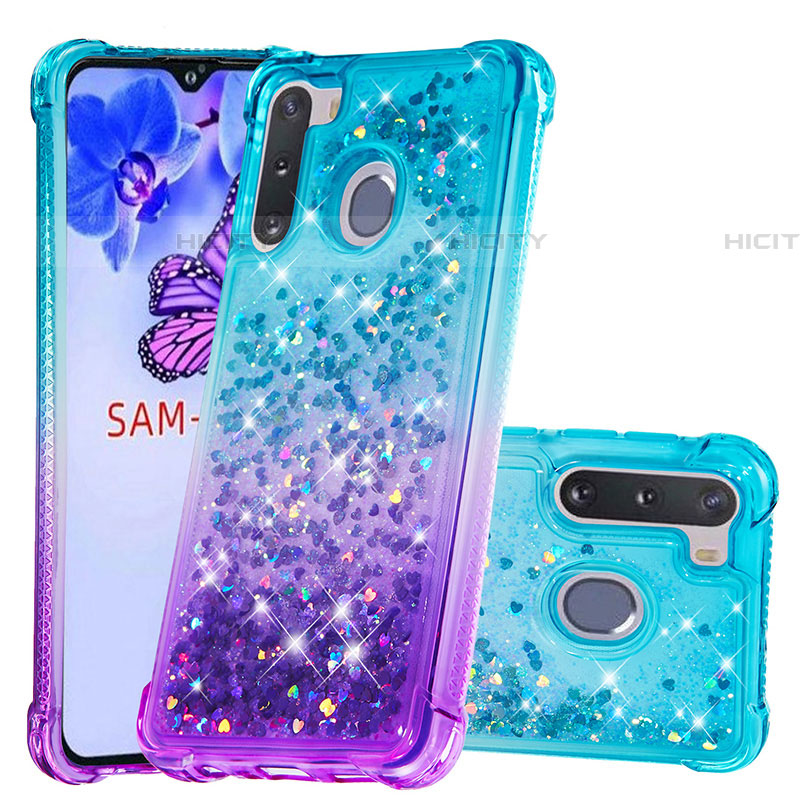 Coque Silicone Housse Etui Gel Bling-Bling S02 pour Samsung Galaxy A21 European Bleu Ciel Plus