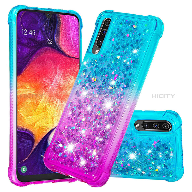 Coque Silicone Housse Etui Gel Bling-Bling S02 pour Samsung Galaxy A50 Bleu Ciel Plus