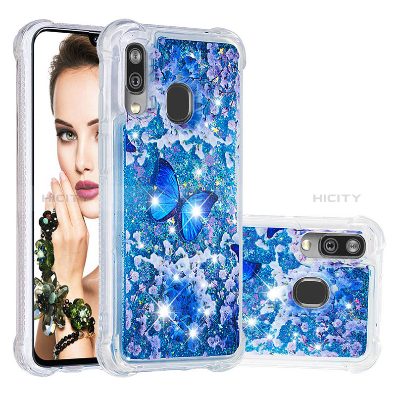 Coque Silicone Housse Etui Gel Bling-Bling S03 pour Samsung Galaxy A40 Bleu Plus