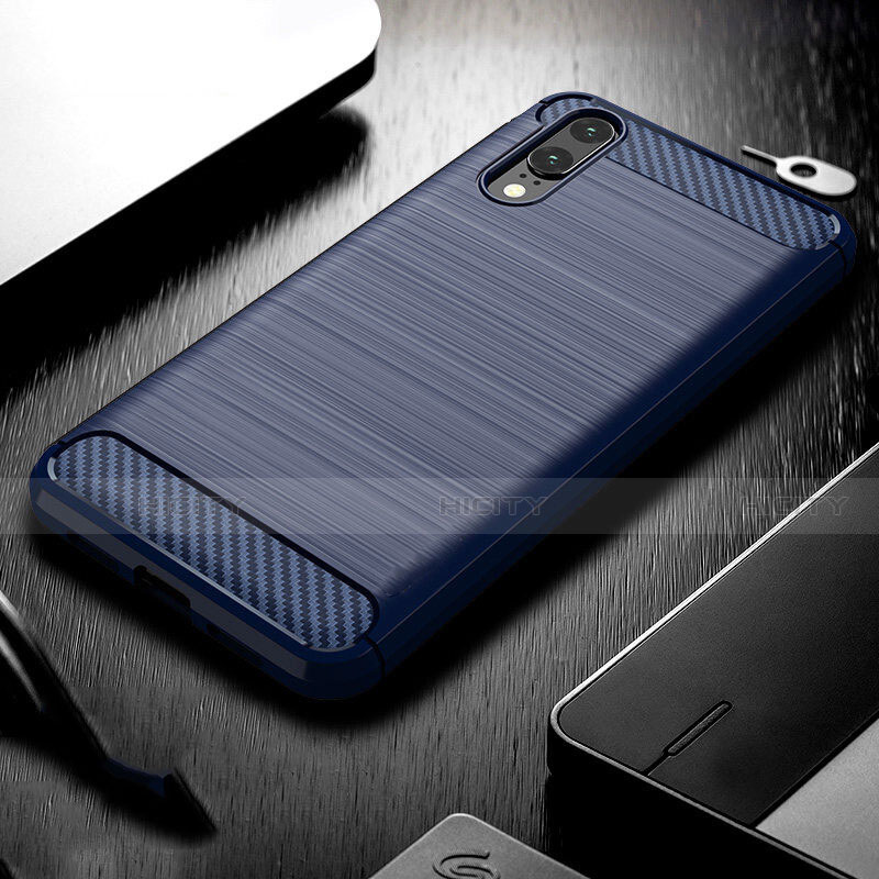 Coque Silicone Housse Etui Gel Line C02 pour Huawei P20 Bleu Plus