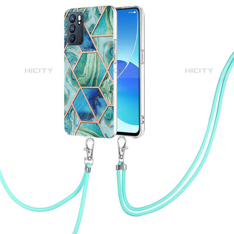 Coque Silicone Motif Fantaisie Souple Couleur Unie Etui Housse avec Laniere Strap Y01B pour Oppo Reno6 5G Vert Plus