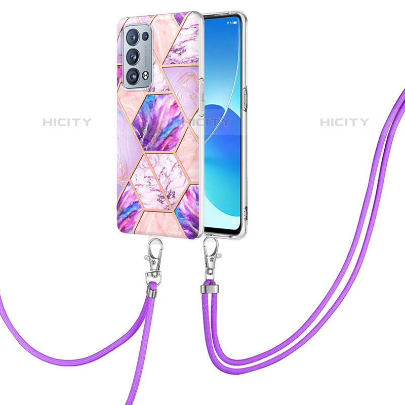 Coque Silicone Motif Fantaisie Souple Couleur Unie Etui Housse avec Laniere Strap Y01B pour Oppo Reno6 Pro 5G Violet Clair Plus