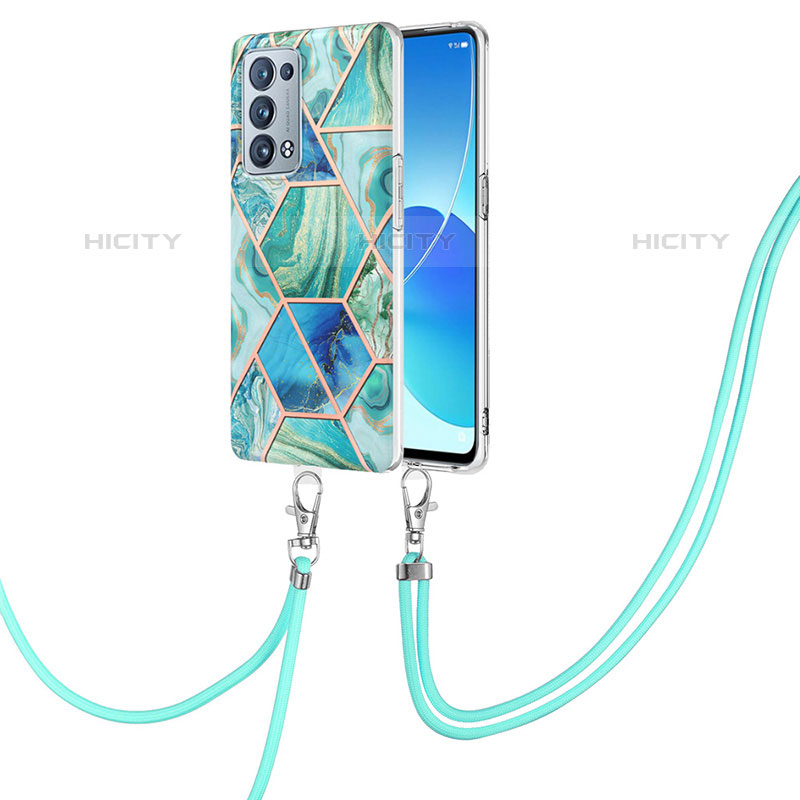 Coque Silicone Motif Fantaisie Souple Couleur Unie Etui Housse avec Laniere Strap Y01B pour Oppo Reno6 Pro+ Plus 5G Vert Plus