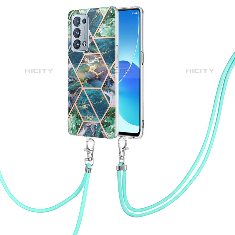 Coque Silicone Motif Fantaisie Souple Couleur Unie Etui Housse avec Laniere Strap Y01B pour Oppo Reno6 Pro+ Plus 5G Vert Nuit Plus