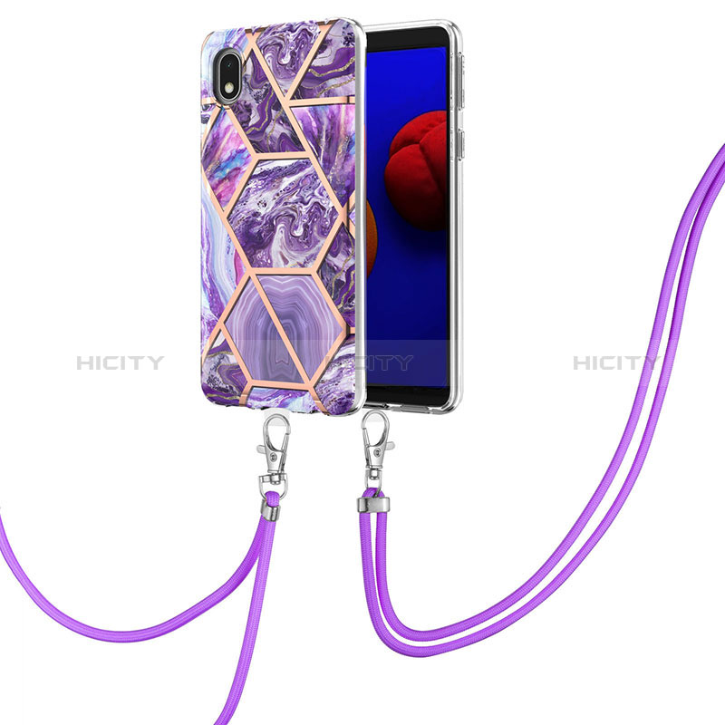 Coque Silicone Motif Fantaisie Souple Couleur Unie Etui Housse avec Laniere Strap Y01B pour Samsung Galaxy A01 Core Violet Plus