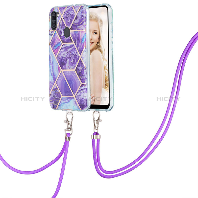 Coque Silicone Motif Fantaisie Souple Couleur Unie Etui Housse avec Laniere Strap Y01B pour Samsung Galaxy A11 Violet Plus