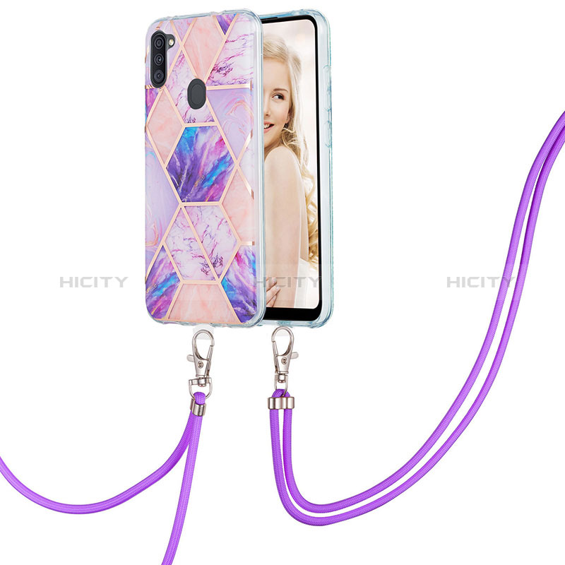 Coque Silicone Motif Fantaisie Souple Couleur Unie Etui Housse avec Laniere Strap Y01B pour Samsung Galaxy A11 Violet Clair Plus