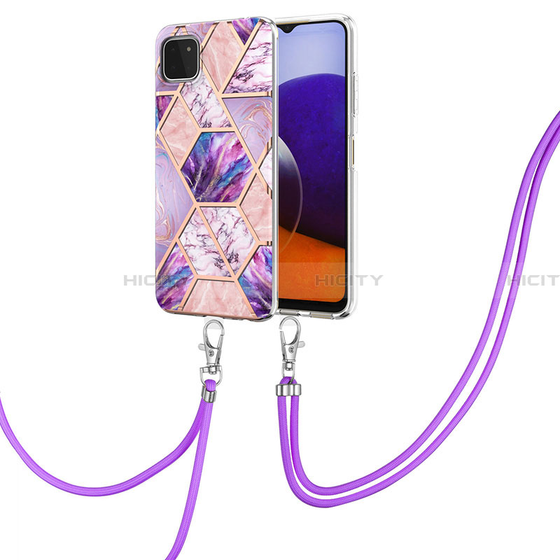 Coque Silicone Motif Fantaisie Souple Couleur Unie Etui Housse avec Laniere Strap Y01B pour Samsung Galaxy A22 5G Violet Clair Plus