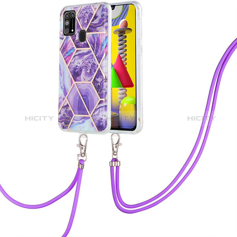 Coque Silicone Motif Fantaisie Souple Couleur Unie Etui Housse avec Laniere Strap Y01B pour Samsung Galaxy M31 Prime Edition Violet Plus