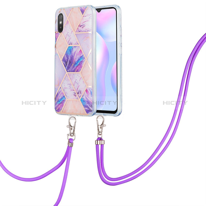 Coque Silicone Motif Fantaisie Souple Couleur Unie Etui Housse avec Laniere Strap Y01B pour Xiaomi Redmi 9A Violet Clair Plus