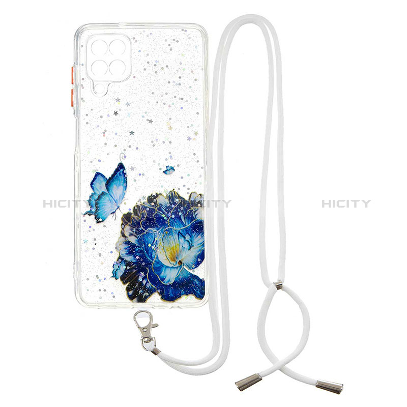 Coque Silicone Motif Fantaisie Souple Couleur Unie Etui Housse avec Laniere Strap Y01X pour Samsung Galaxy A12 5G Bleu Plus