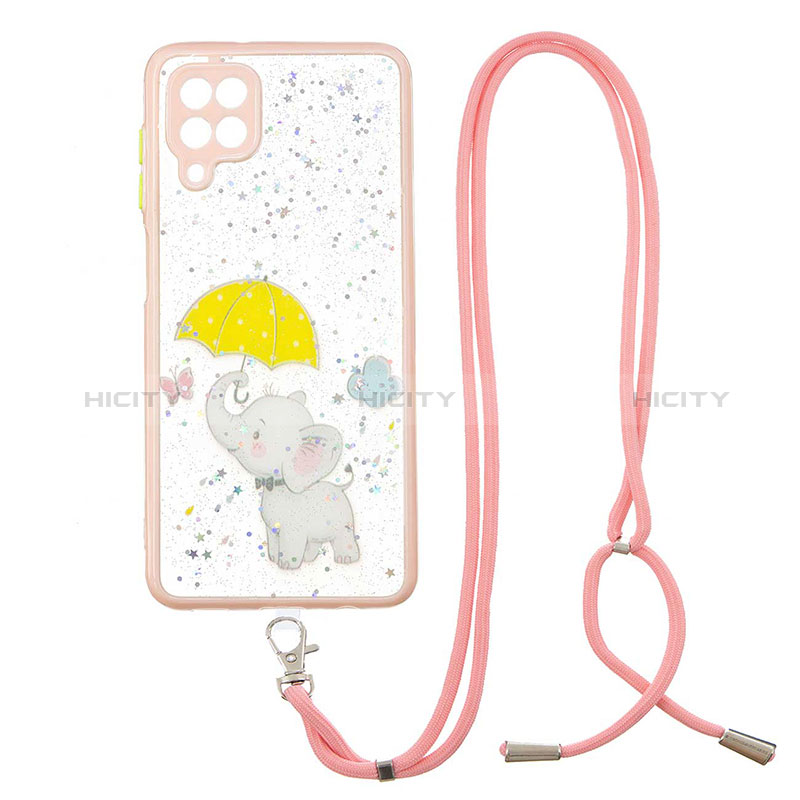 Coque Silicone Motif Fantaisie Souple Couleur Unie Etui Housse avec Laniere Strap Y01X pour Samsung Galaxy A12 Jaune Plus