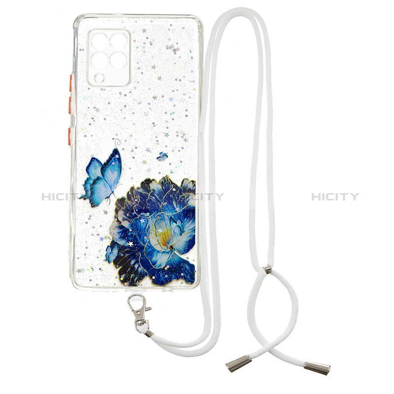 Coque Silicone Motif Fantaisie Souple Couleur Unie Etui Housse avec Laniere Strap Y01X pour Samsung Galaxy A42 5G Bleu Plus