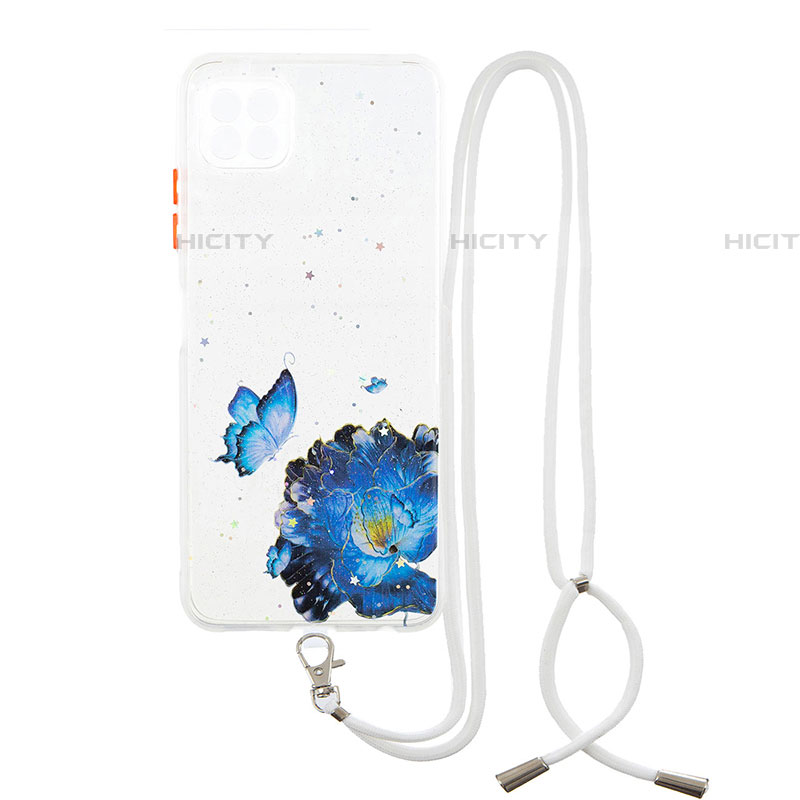 Coque Silicone Motif Fantaisie Souple Couleur Unie Etui Housse avec Laniere Strap Y01X pour Samsung Galaxy F42 5G Bleu Plus