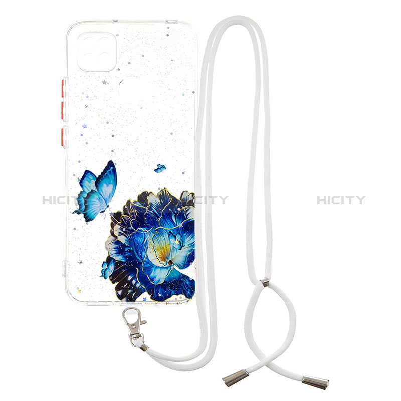 Coque Silicone Motif Fantaisie Souple Couleur Unie Etui Housse avec Laniere Strap Y01X pour Xiaomi POCO C3 Bleu Plus