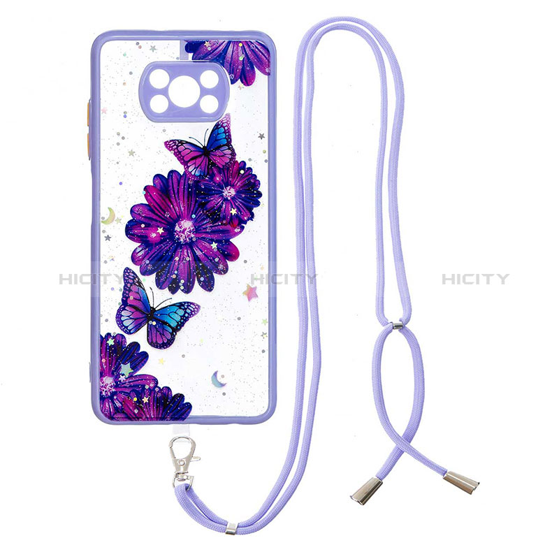 Coque Silicone Motif Fantaisie Souple Couleur Unie Etui Housse avec Laniere Strap Y01X pour Xiaomi Poco X3 Violet Plus