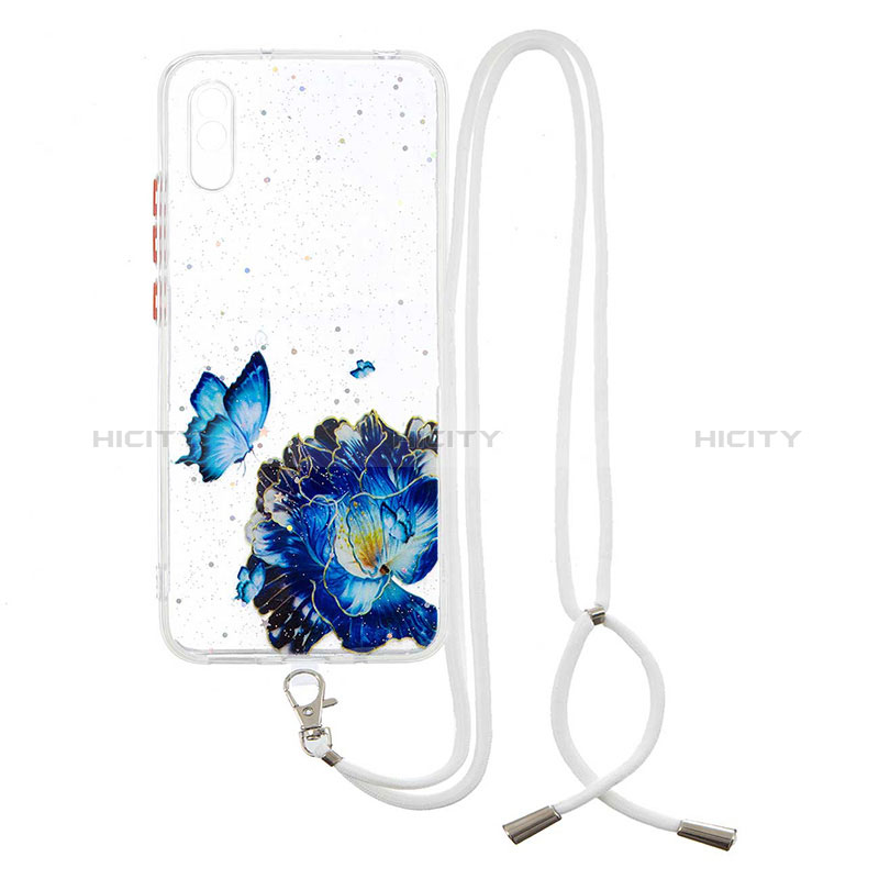 Coque Silicone Motif Fantaisie Souple Couleur Unie Etui Housse avec Laniere Strap Y01X pour Xiaomi Redmi 9A Bleu Plus