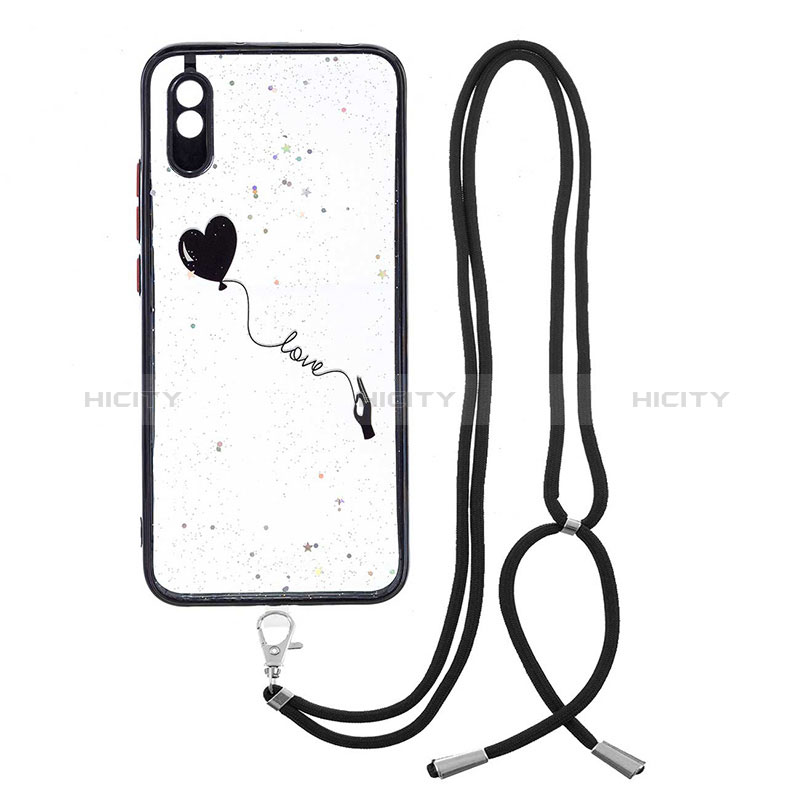 Coque Silicone Motif Fantaisie Souple Couleur Unie Etui Housse avec Laniere Strap Y01X pour Xiaomi Redmi 9A Noir Plus