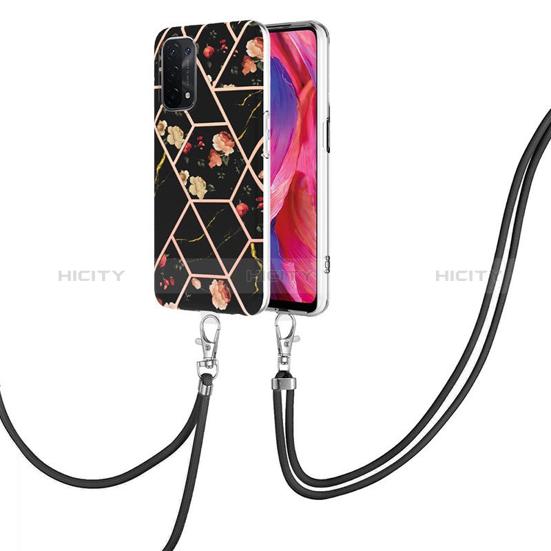 Coque Silicone Motif Fantaisie Souple Couleur Unie Etui Housse avec Laniere Strap Y02B pour Oppo A74 5G Noir Plus