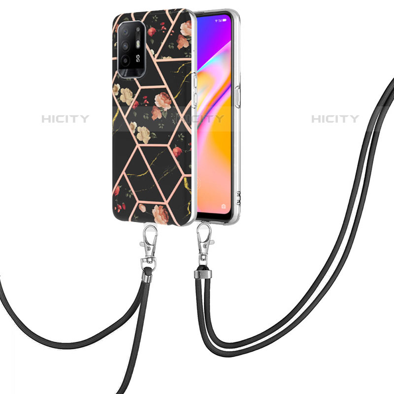 Coque Silicone Motif Fantaisie Souple Couleur Unie Etui Housse avec Laniere Strap Y02B pour Oppo A94 5G Noir Plus