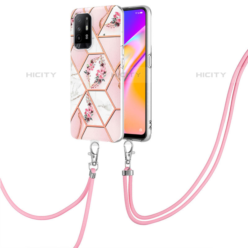 Coque Silicone Motif Fantaisie Souple Couleur Unie Etui Housse avec Laniere Strap Y02B pour Oppo A95 5G Rose Plus