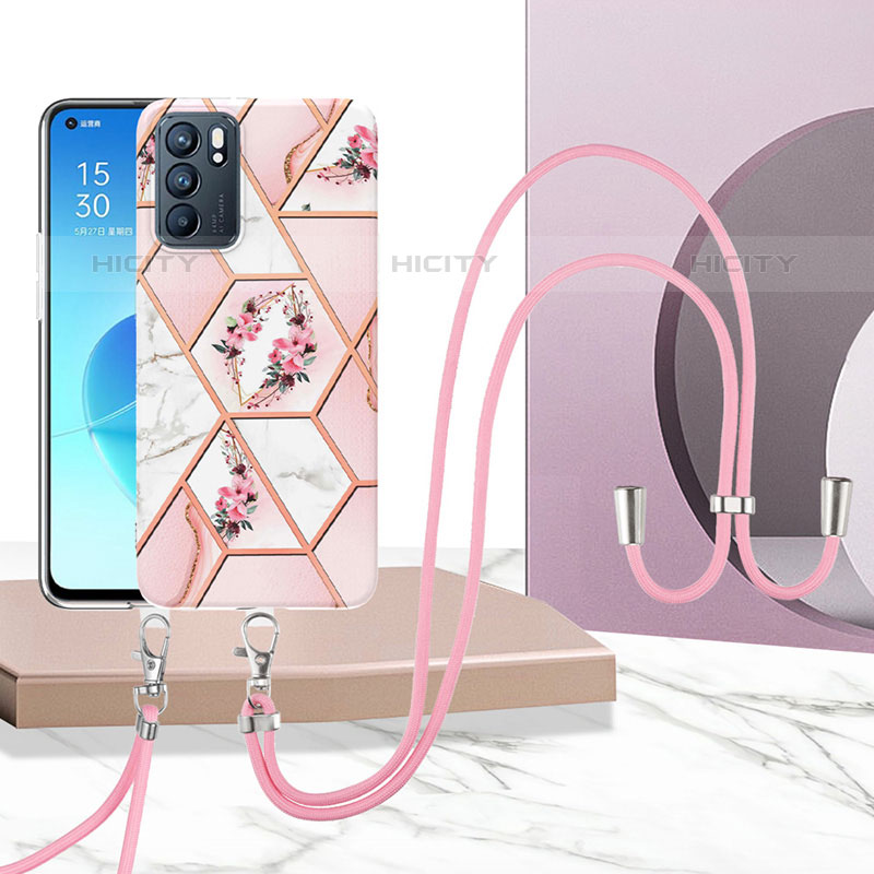 Coque Silicone Motif Fantaisie Souple Couleur Unie Etui Housse avec Laniere Strap Y02B pour Oppo Reno6 5G Plus