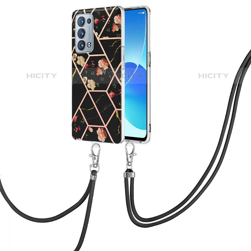 Coque Silicone Motif Fantaisie Souple Couleur Unie Etui Housse avec Laniere Strap Y02B pour Oppo Reno6 Pro 5G Noir Plus