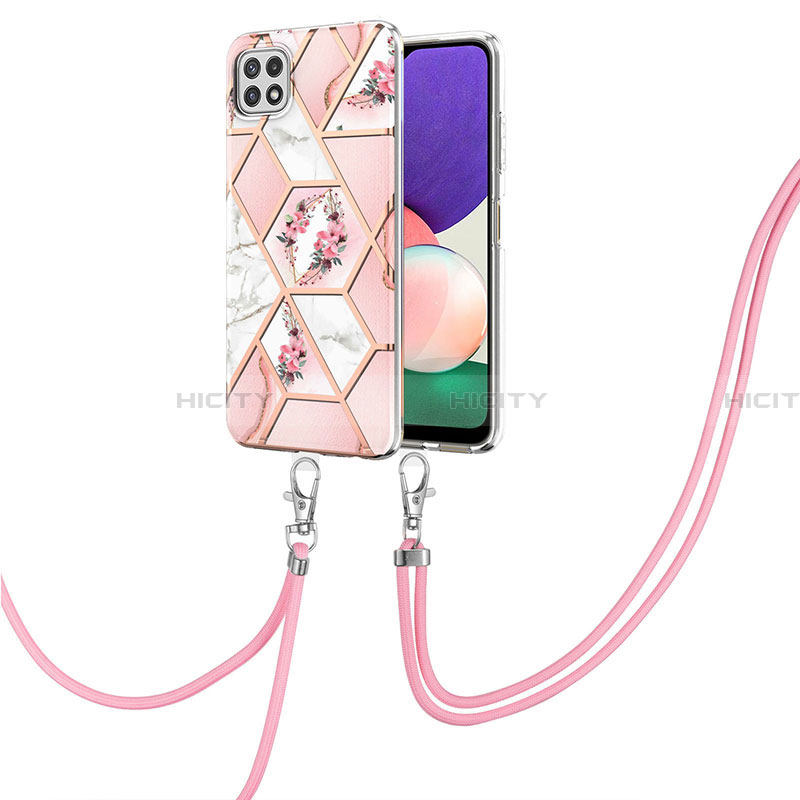 Coque Silicone Motif Fantaisie Souple Couleur Unie Etui Housse avec Laniere Strap Y02B pour Samsung Galaxy A22 5G Rose Plus