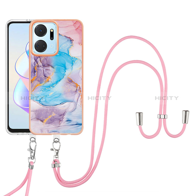 Coque Silicone Motif Fantaisie Souple Couleur Unie Etui Housse avec Laniere Strap Y03B pour Huawei Honor X7a Bleu Plus