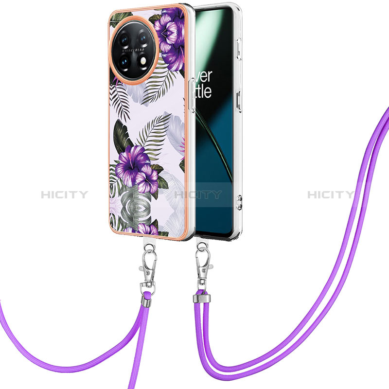 Coque Silicone Motif Fantaisie Souple Couleur Unie Etui Housse avec Laniere Strap Y03B pour OnePlus 11 5G Violet Plus