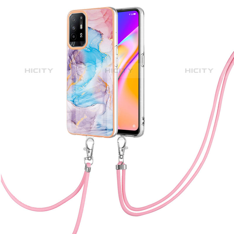 Coque Silicone Motif Fantaisie Souple Couleur Unie Etui Housse avec Laniere Strap Y03B pour Oppo A94 5G Bleu Plus