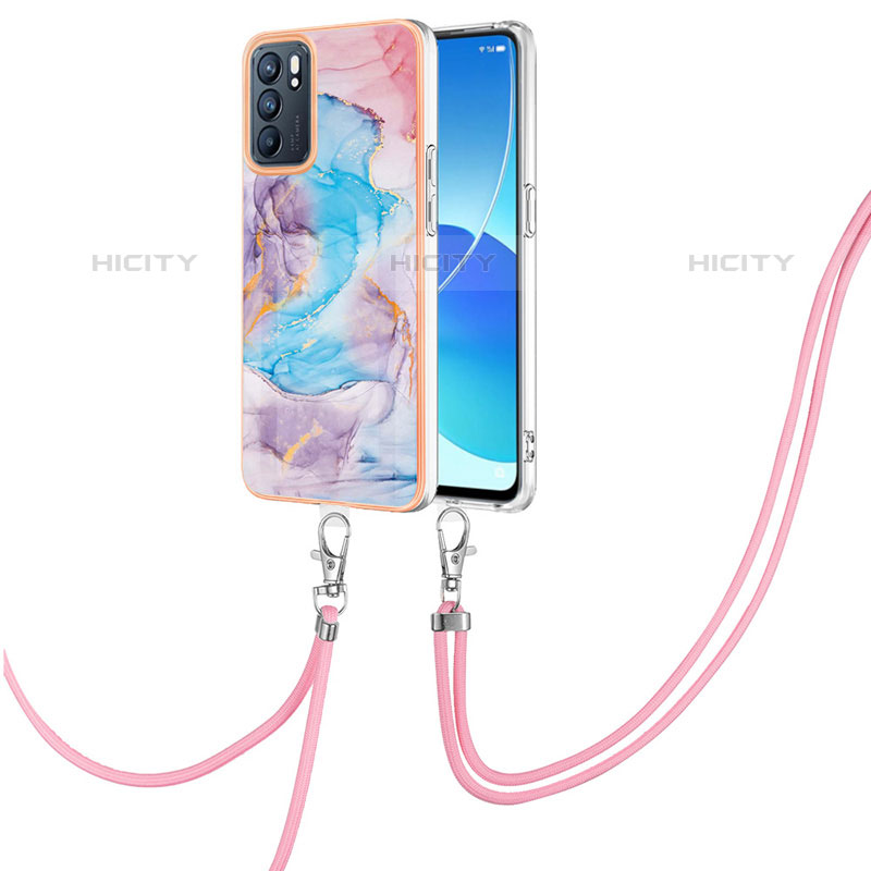 Coque Silicone Motif Fantaisie Souple Couleur Unie Etui Housse avec Laniere Strap Y03B pour Oppo Reno6 5G Bleu Plus