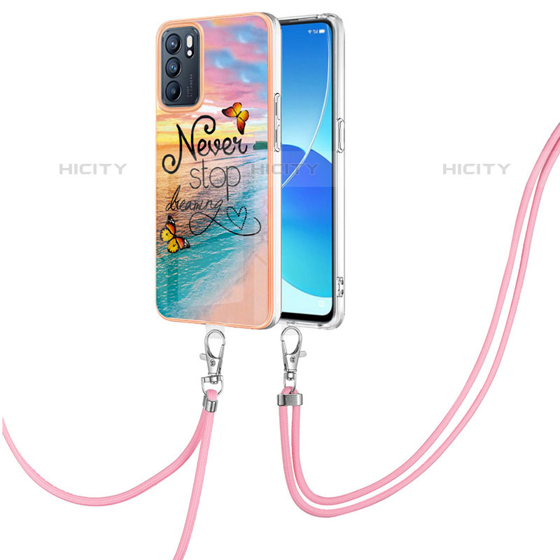 Coque Silicone Motif Fantaisie Souple Couleur Unie Etui Housse avec Laniere Strap Y03B pour Oppo Reno6 5G Plus