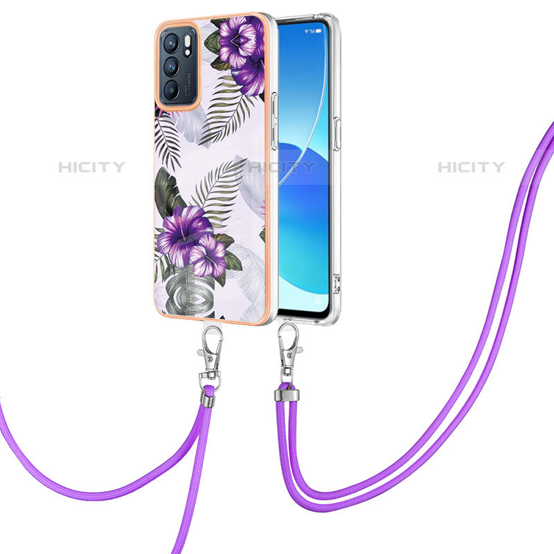 Coque Silicone Motif Fantaisie Souple Couleur Unie Etui Housse avec Laniere Strap Y03B pour Oppo Reno6 5G Violet Plus