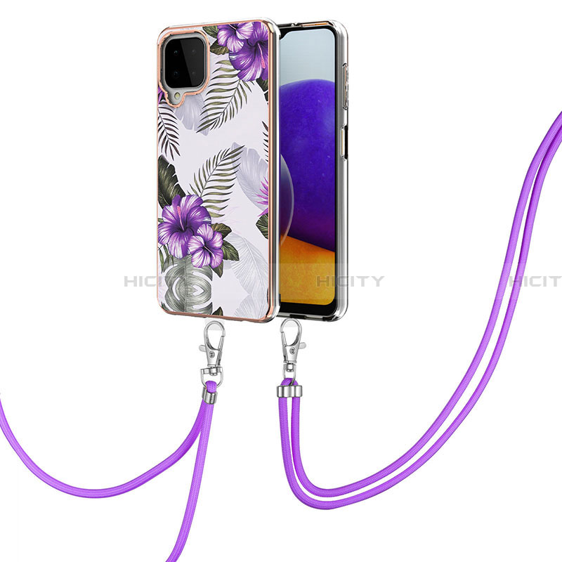 Coque Silicone Motif Fantaisie Souple Couleur Unie Etui Housse avec Laniere Strap Y03B pour Samsung Galaxy A22 4G Violet Plus