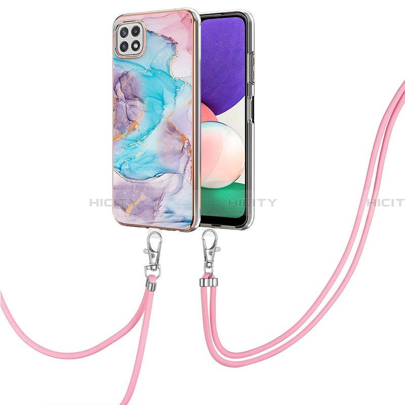 Coque Silicone Motif Fantaisie Souple Couleur Unie Etui Housse avec Laniere Strap Y03B pour Samsung Galaxy A22 5G Bleu Plus