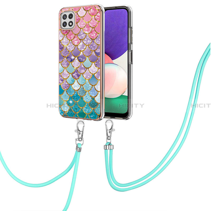 Coque Silicone Motif Fantaisie Souple Couleur Unie Etui Housse avec Laniere Strap Y03B pour Samsung Galaxy A22 5G Colorful Plus