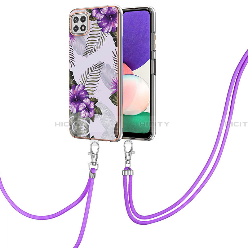 Coque Silicone Motif Fantaisie Souple Couleur Unie Etui Housse avec Laniere Strap Y03B pour Samsung Galaxy A22 5G Violet Plus