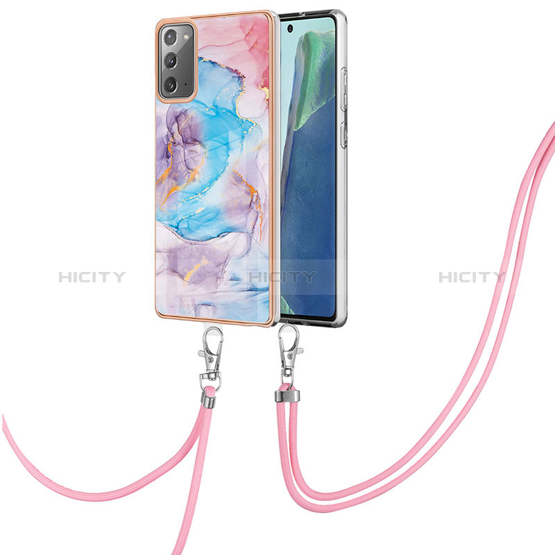 Coque Silicone Motif Fantaisie Souple Couleur Unie Etui Housse avec Laniere Strap Y03B pour Samsung Galaxy Note 20 5G Bleu Plus