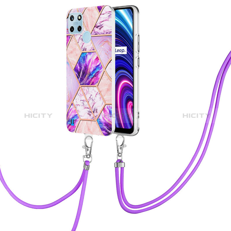 Coque Silicone Motif Fantaisie Souple Couleur Unie Etui Housse avec Laniere Strap Y04B pour Realme C21Y Violet Clair Plus