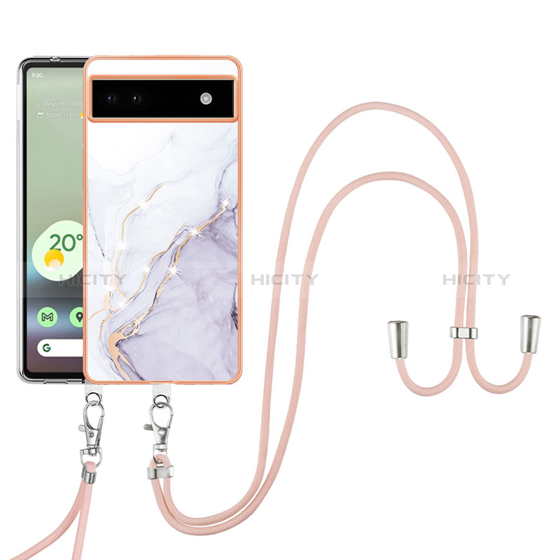 Coque Silicone Motif Fantaisie Souple Couleur Unie Etui Housse avec Laniere Strap Y05B pour Google Pixel 6a 5G Blanc Plus