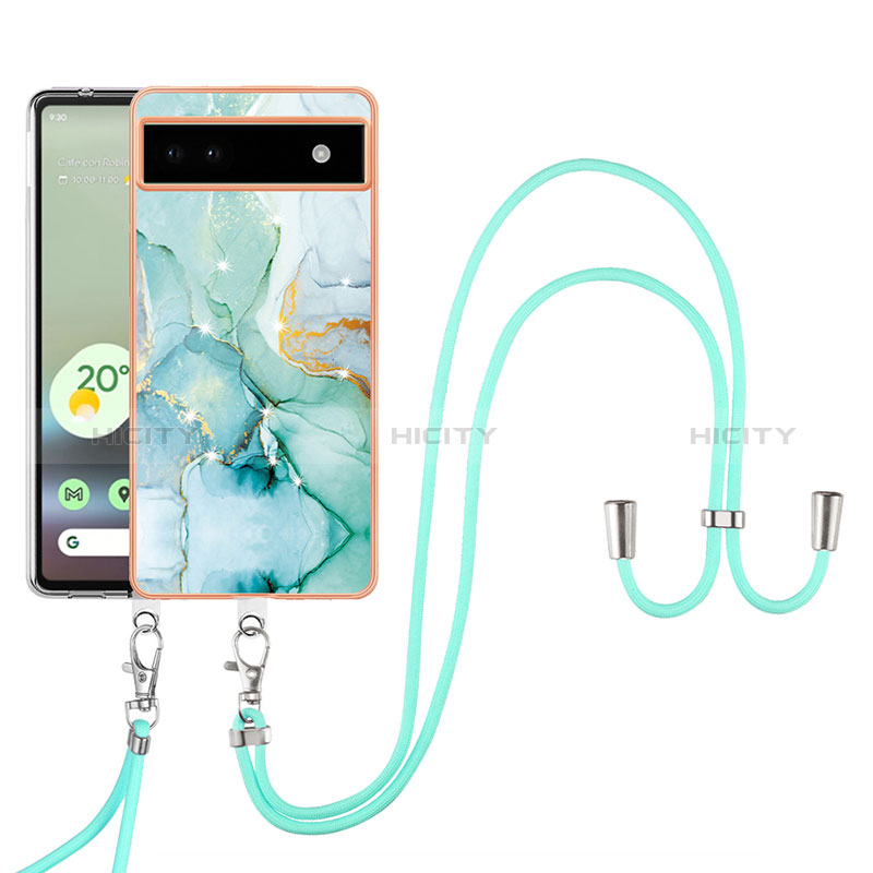 Coque Silicone Motif Fantaisie Souple Couleur Unie Etui Housse avec Laniere Strap Y05B pour Google Pixel 6a 5G Vert Plus