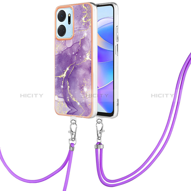 Coque Silicone Motif Fantaisie Souple Couleur Unie Etui Housse avec Laniere Strap Y05B pour Huawei Honor X7a Violet Plus