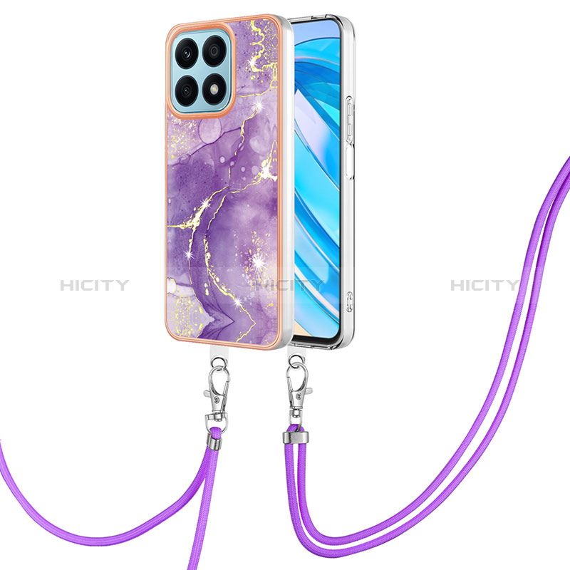 Coque Silicone Motif Fantaisie Souple Couleur Unie Etui Housse avec Laniere Strap Y05B pour Huawei Honor X8a 4G Violet Plus